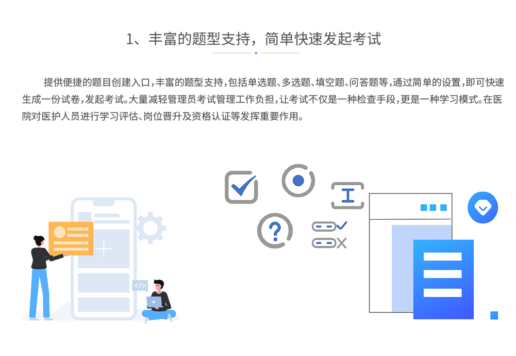 丰富的题型支持，简单快速发起考试