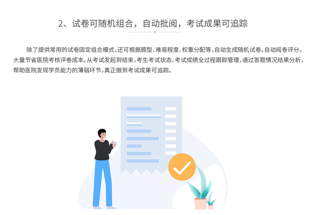 试卷可随机组合，自动批阅，考试成果可追踪